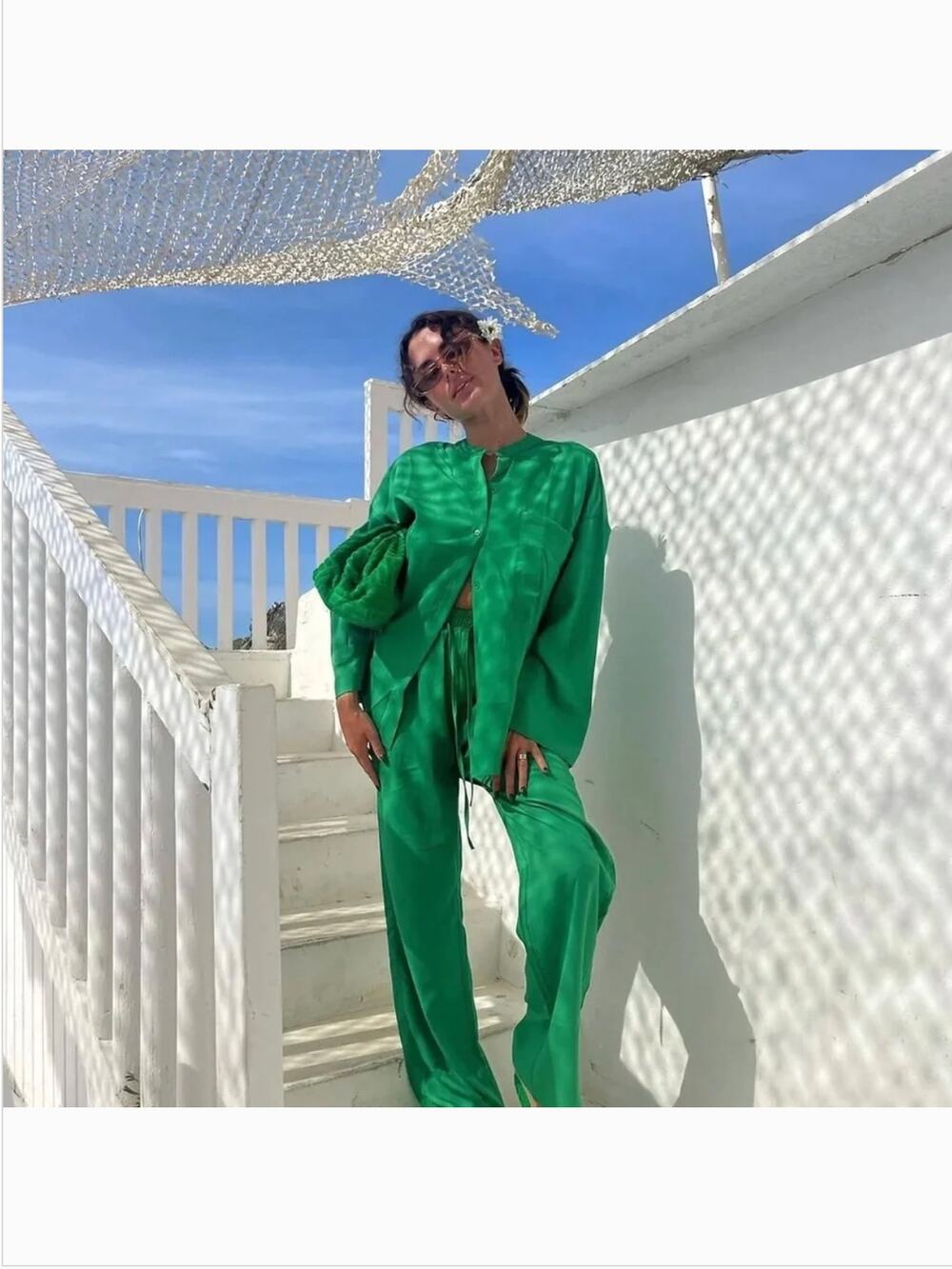 Zara Flowy Pant Blouse Set M NWOT Green Blogger Favorite Coastal Resort Glam
